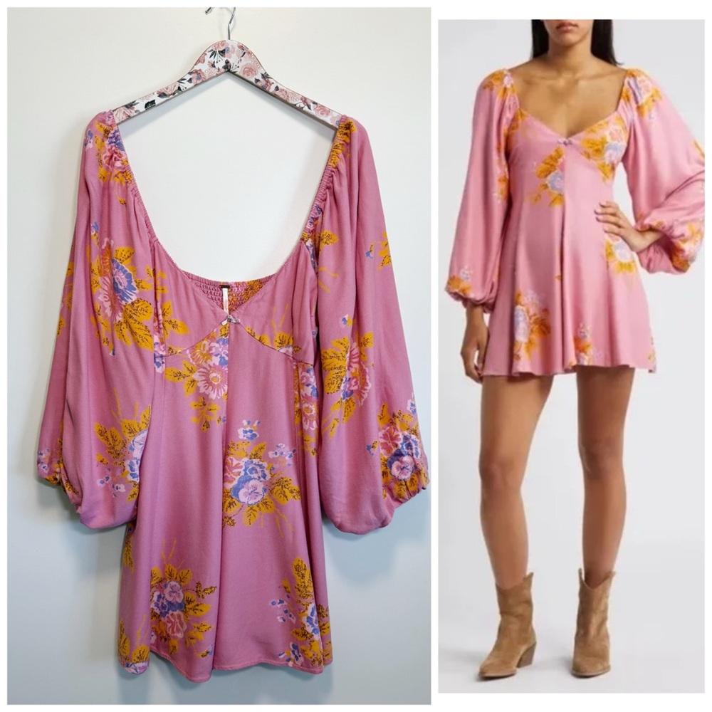 Free People Pink Floral Long Sleeve Dress